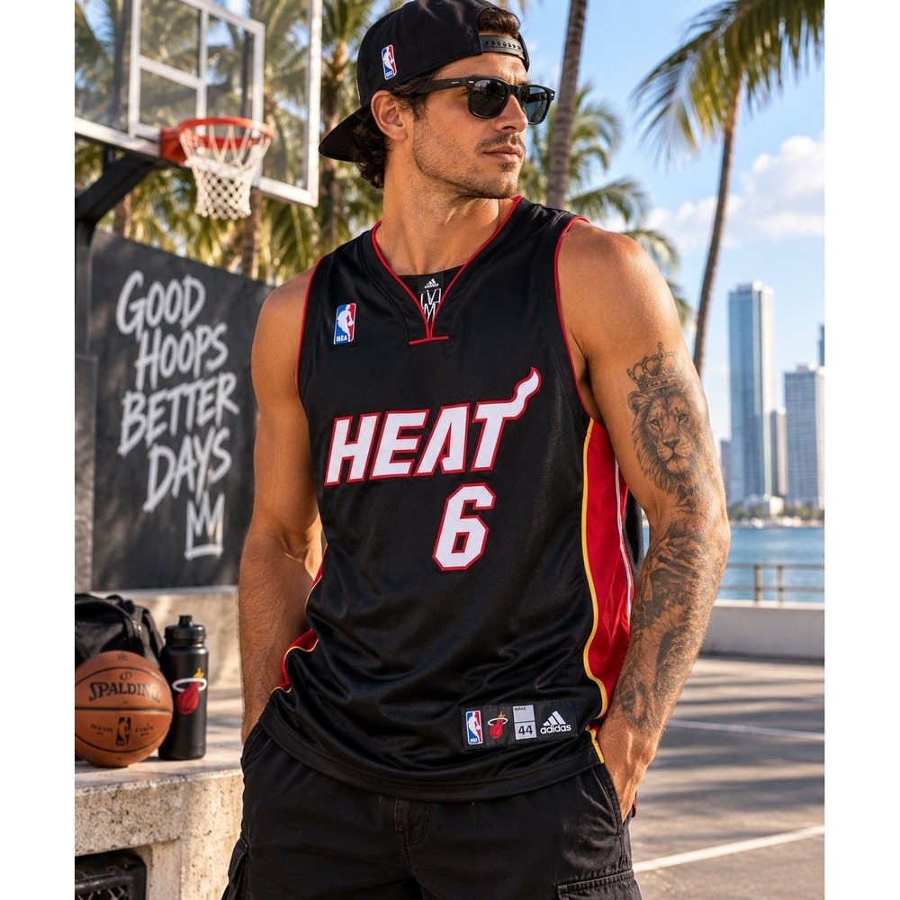 Adidas LeBron James #6 Miami Heat NBA Jersey Black Red Men's Size 44